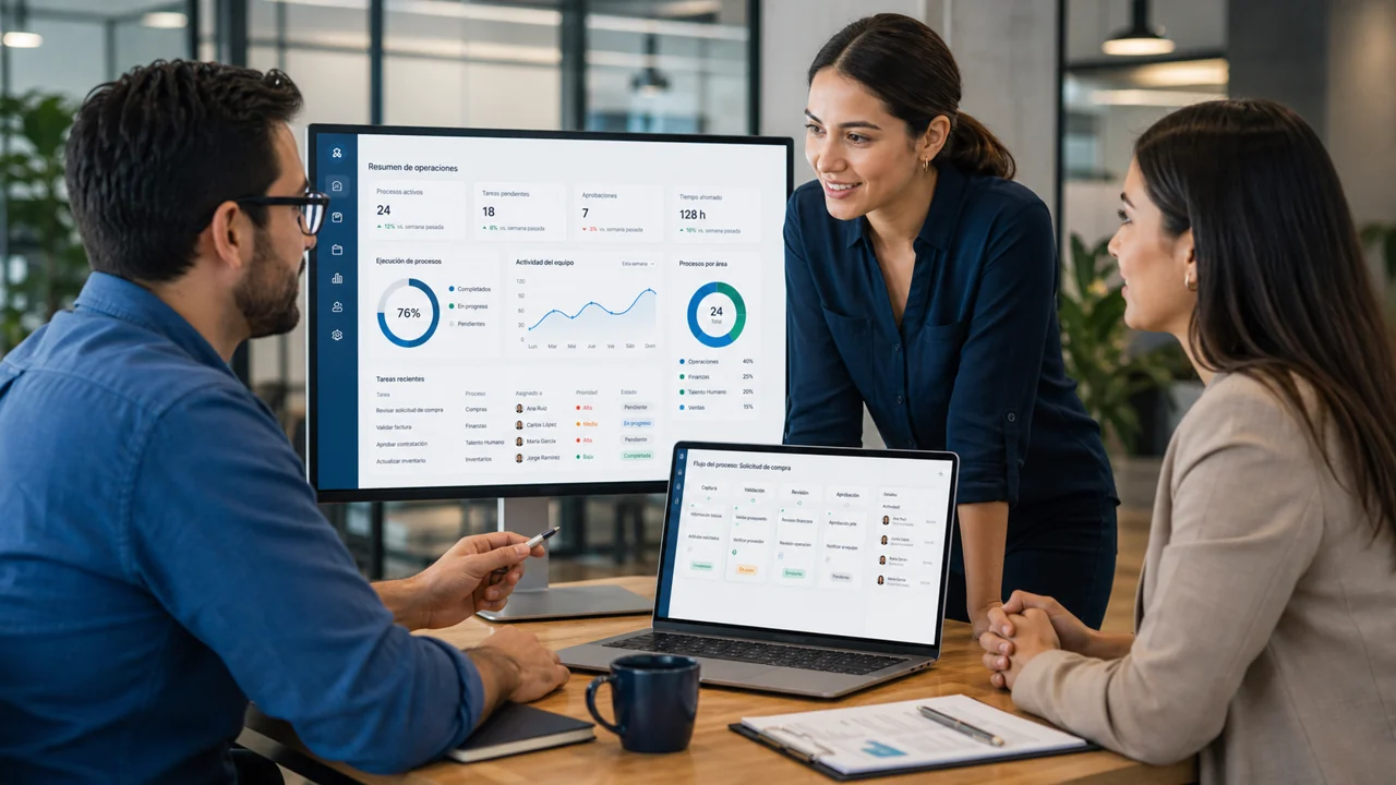 Equipo de trabajo y cliente revisando una solución digital en una sesión de colaboración