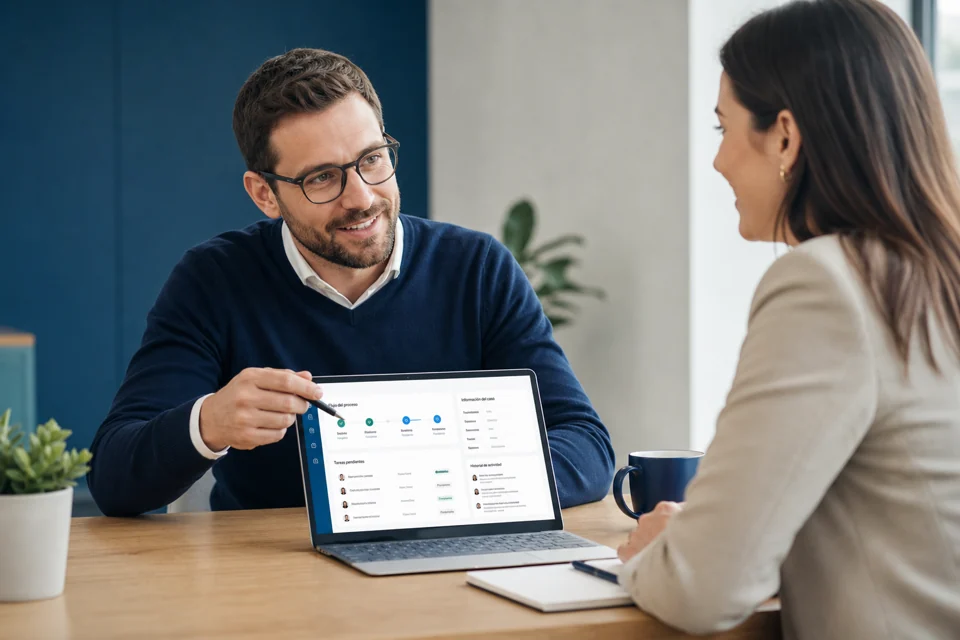 Asesor tecnológico presentando una solución digital personalizada a una cliente