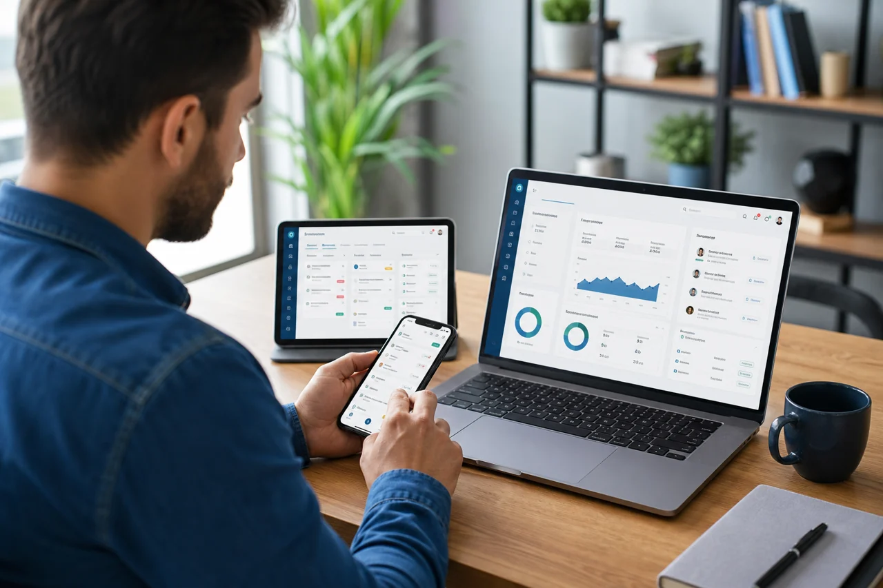 Un profesional usa la misma aplicación empresarial en teléfono, tablet y laptop para mostrar acceso multidispositivo